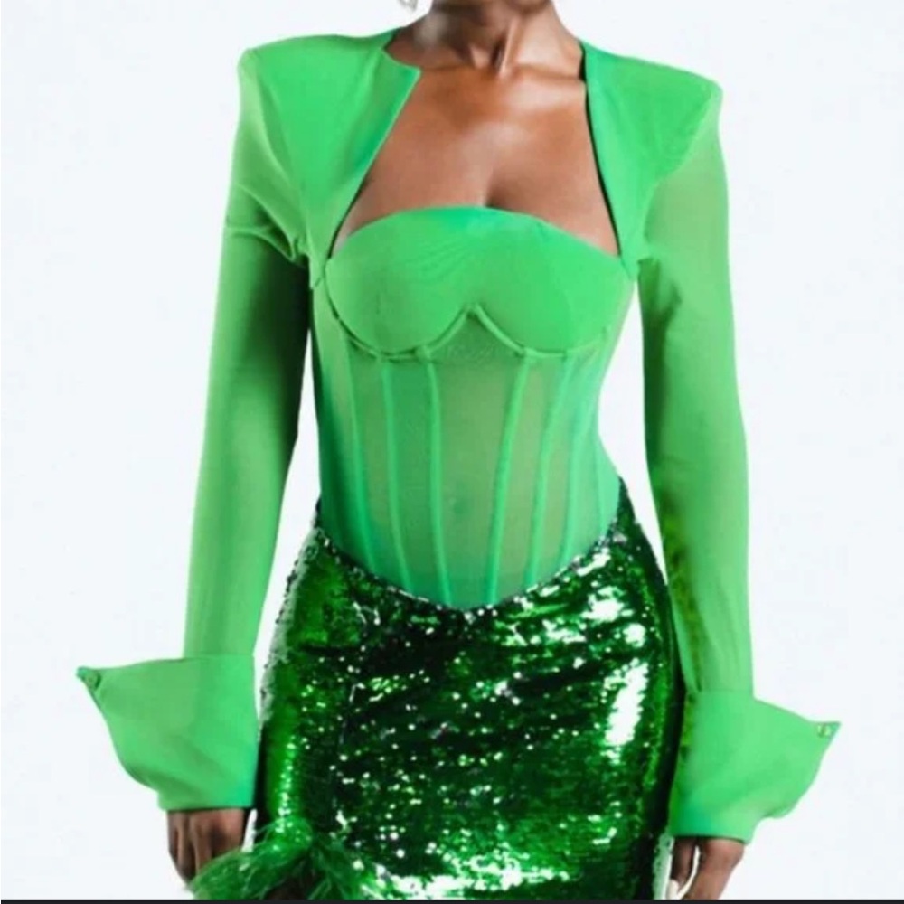 HANIFA GREEN ISANI CORSET BODYSUIT TOP - LARGE